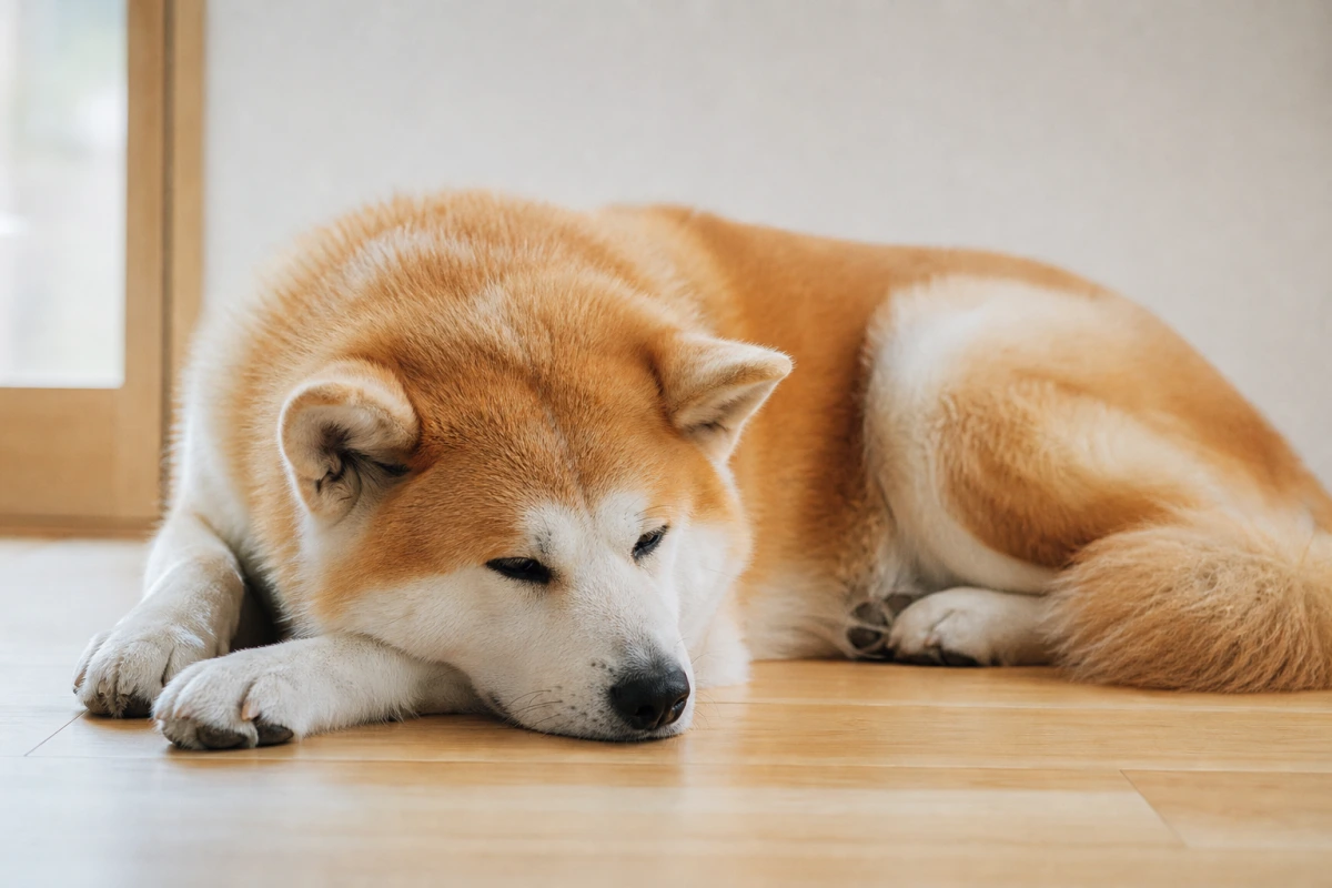Akita Inu allongé et détendu au sol, les yeux mi-clos, illustrant le rythme naturel et le bien-être recherchés par la naturopathie canine.