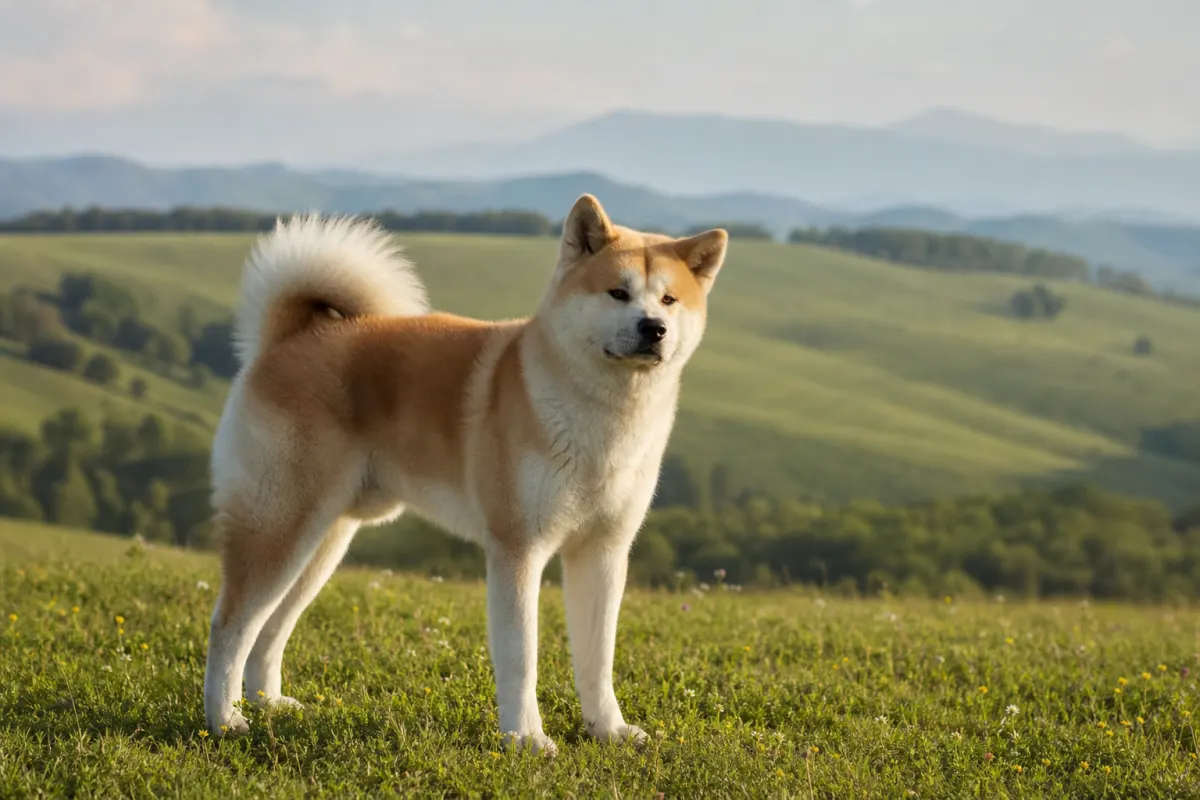 Akita Inu adulte dans un paysage vallonné de campagne, à l'image du cadre de l'élevage à Los Masos.