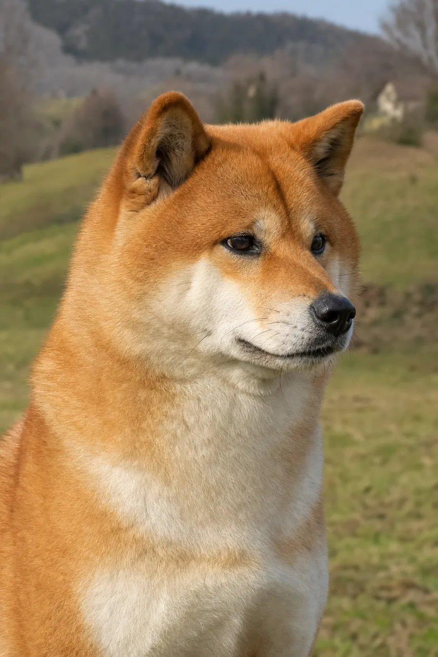 L'Kinaï of Danketsu-Asahi, femelle Akita Inu à la robe rousse, portrait rapproché.