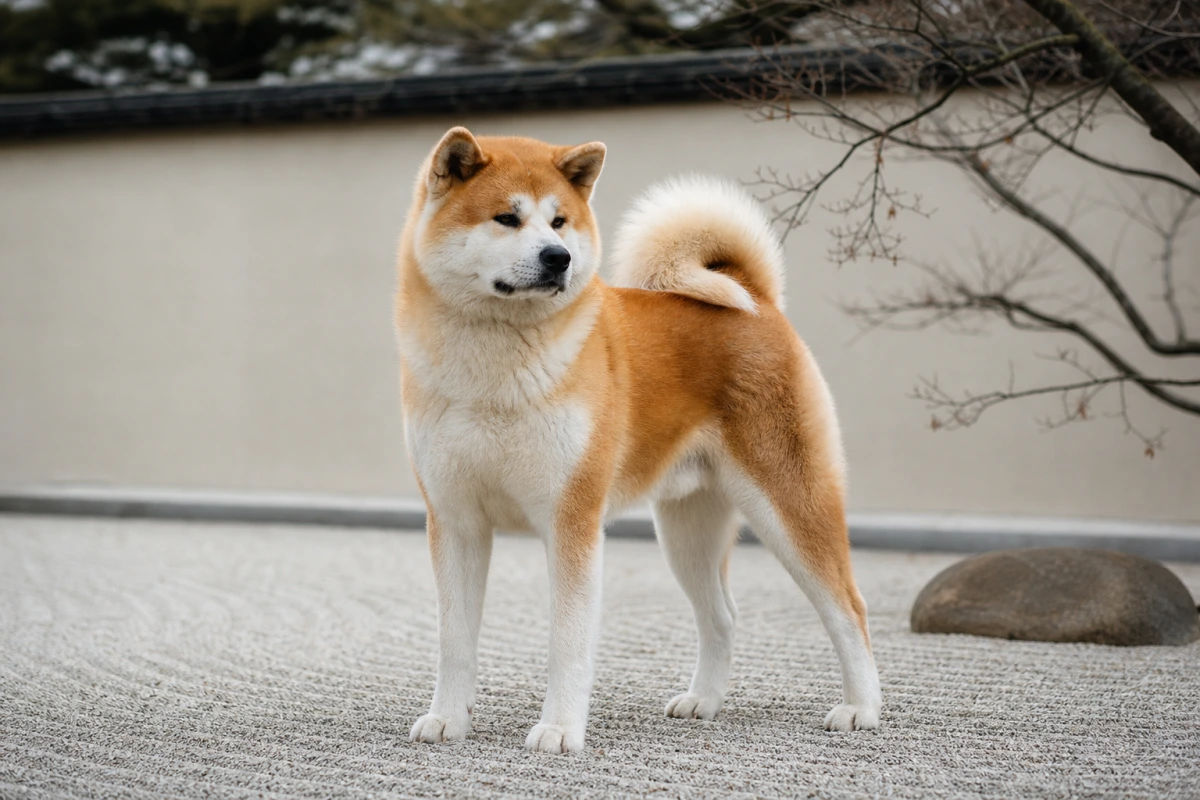 Akita Inu adulte de robe fauve, oreilles triangulaires dressées, museau renardé et queue épaisse enroulée sur le dos, dans un jardin japonais épuré.