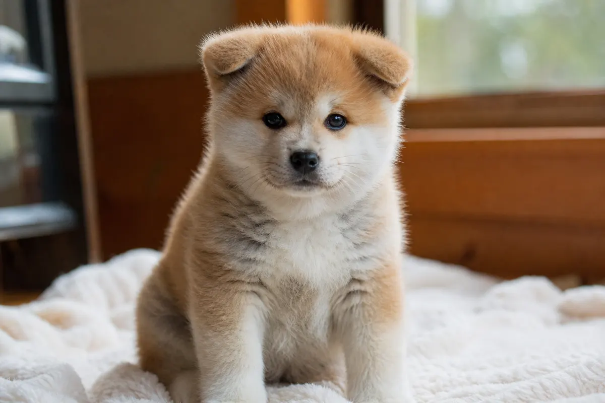 Chiot Akita Inu à la robe fauve et blanche, marchant sur l'herbe dans le jardin de l'élevage.