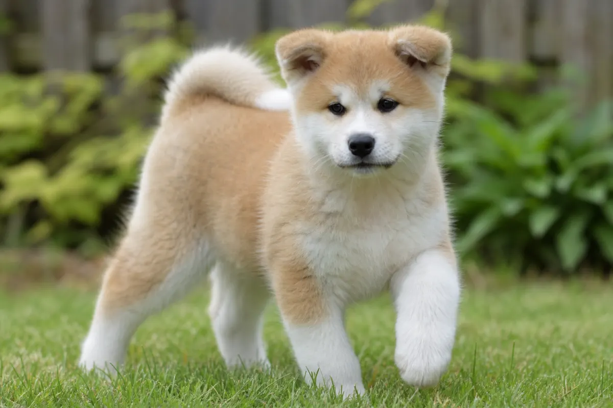 Chiot Akita Inu à la robe fauve et blanche, oreilles encore souples, marchant vers l'objectif.