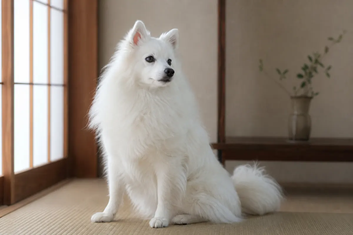 Spitz Japonais adulte assis dans une pièce japonaise épurée, robe blanche pure et queue en panache sur le dos.